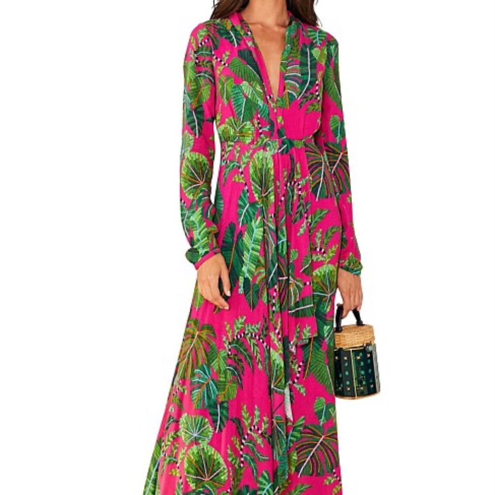 Farm Rio Leaves Print Long Sleeve Maxi Dress